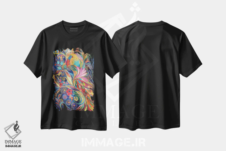 تیشرت مشکی طرح دار پرنده شاهی، آبستره اثر النا کوتلیارکر | فروشگاه ایماژ
