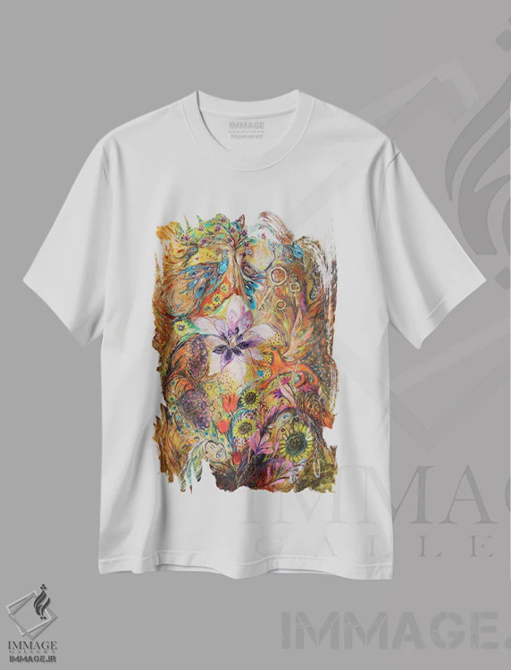 تیشرت سفید طرح دار روح باغ، آبستره اثر النا کوتلیارکر | immage.ir