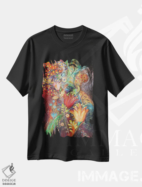 تیشرت مشکی طرح دار شاهزاده های باغ، آبستره اثر النا کوتلیارکر | فروشگاه ایماژ