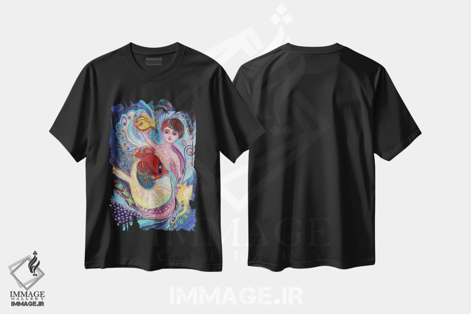 تیشرت مشکی طرح دار شاهزادهٔ منطقهٔ زودیاک. حوت، هنر فاخر معاصر اثر النا کوتلیارکر | فروشگاه ایماژ
