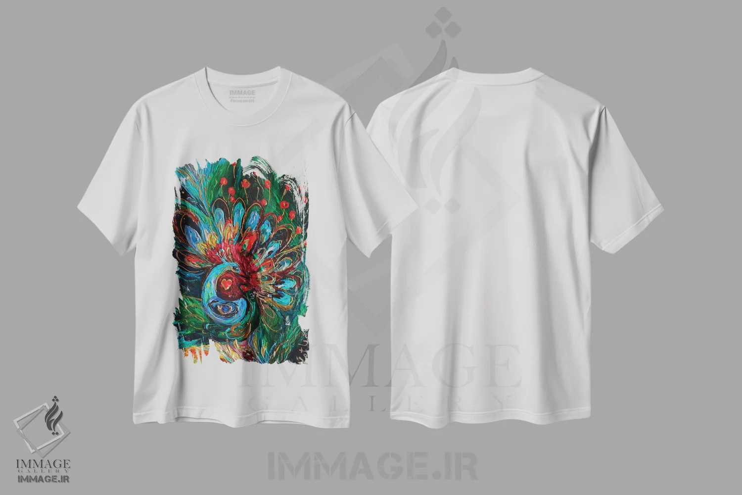 تیشرت سفید طرح دار سری توتم اول: طاووس، دکور معاصر اثر النا کوتلیارکر | فروشگاه ایماژ