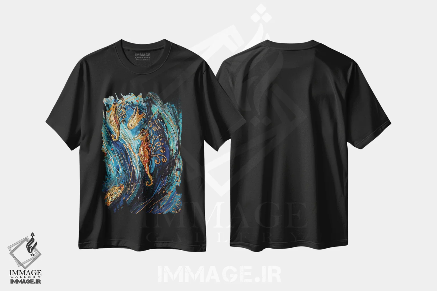 تیشرت مشکی طرح دار سری توتم دوم: اسب های دریایی، دکور معاصر اثر النا کوتلیارکر | فروشگاه ایماژ