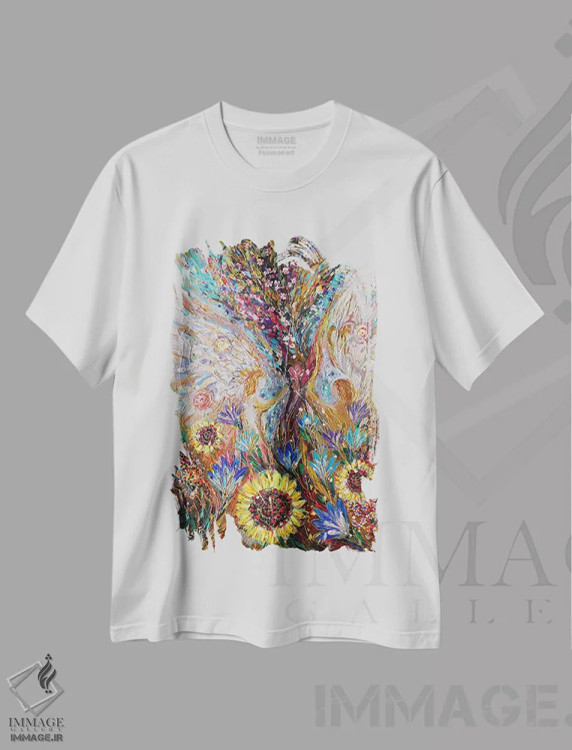 تیشرت سفید طرح دار نواختن موسیقی با فرشتگان: پنل اول، آبستره اثر النا کوتلیارکر | فروشگاه ایماژ