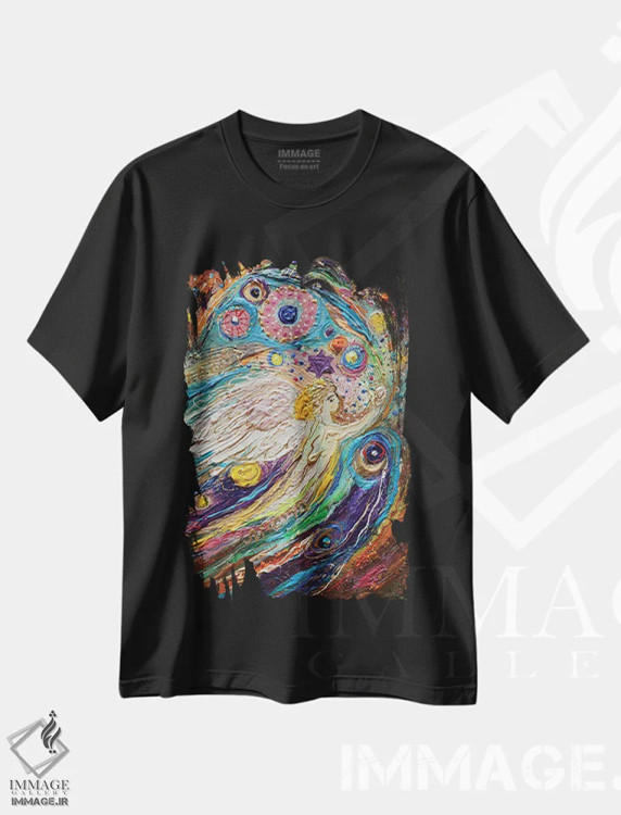 تیشرت مشکی طرح دار هم آوایی آسمانی: رقص نور، فرشته ۴، دکور معاصر اثر النا کوتلیارکر | فروشگاه ایماژ