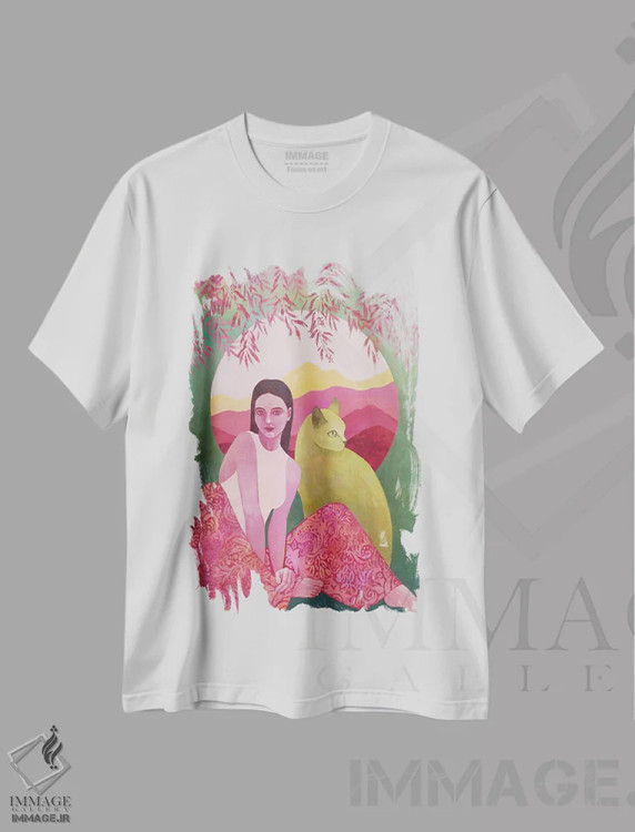 تیشرت سفید طرح دار دختر و گربه، دکور معاصر اثر اکاترینا پریسیچ | فروشگاه ایماژ