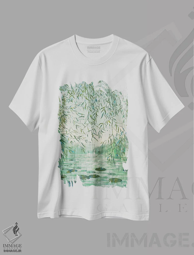 تیشرت سفید طرح دار حوضچهٔ بید مه آلود، دکور معاصر اثر اکاترینا پریسیچ | فروشگاه ایماژ