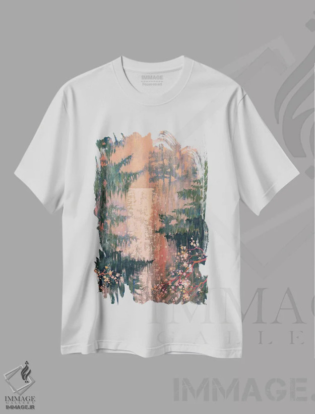 تیشرت سفید طرح دار آبشار میان درختان مخروطی و ساکورا، دکور معاصر اثر اکاترینا پریسیچ | فروشگاه ایماژ