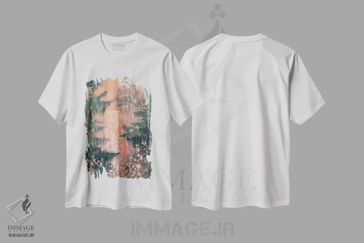تیشرت سفید طرح دار آبشار میان درختان مخروطی و ساکورا، دکور معاصر اثر اکاترینا پریسیچ | فروشگاه ایماژ