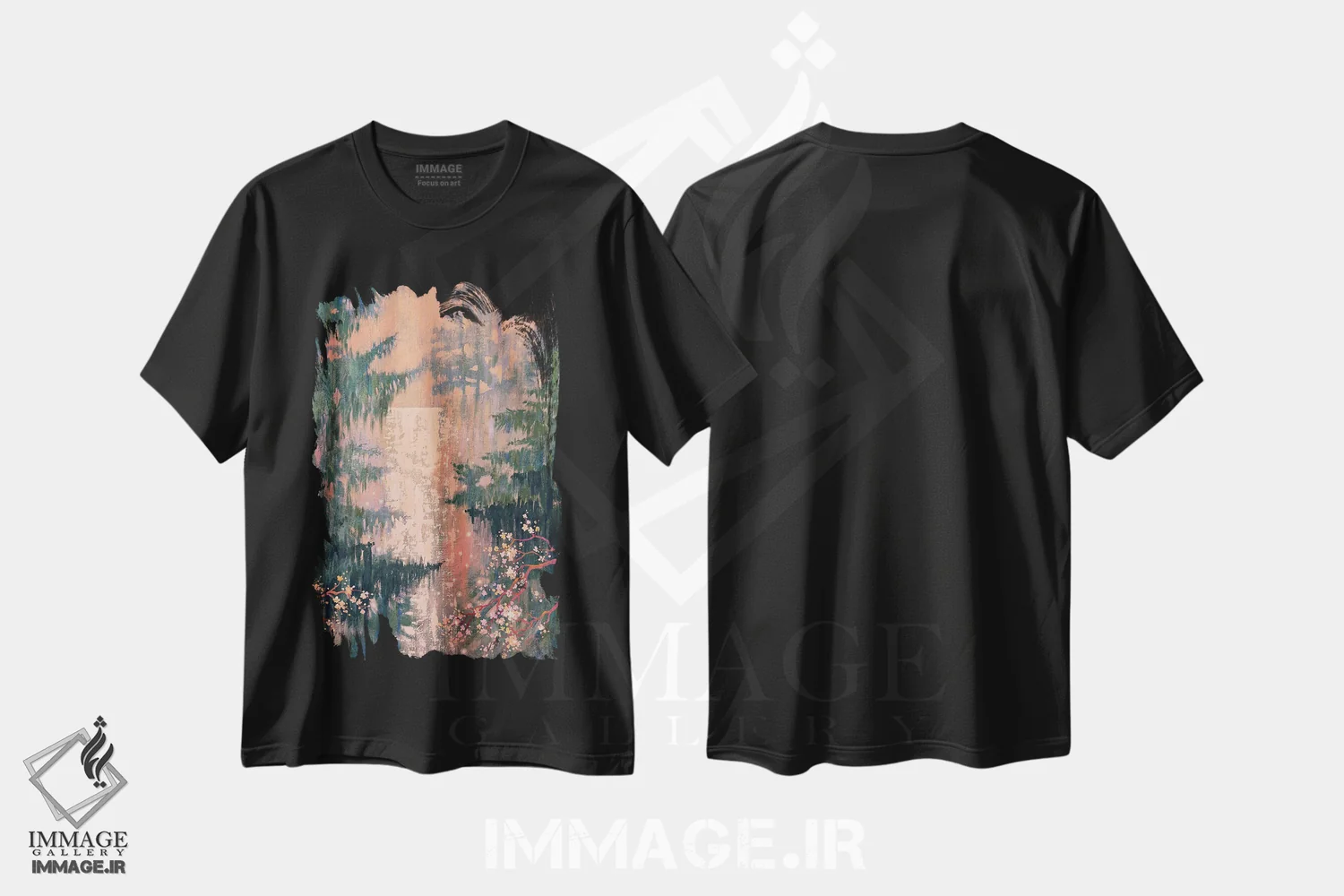 تیشرت مشکی طرح دار آبشار میان درختان مخروطی و ساکورا، دکور معاصر اثر اکاترینا پریسیچ | immage.ir