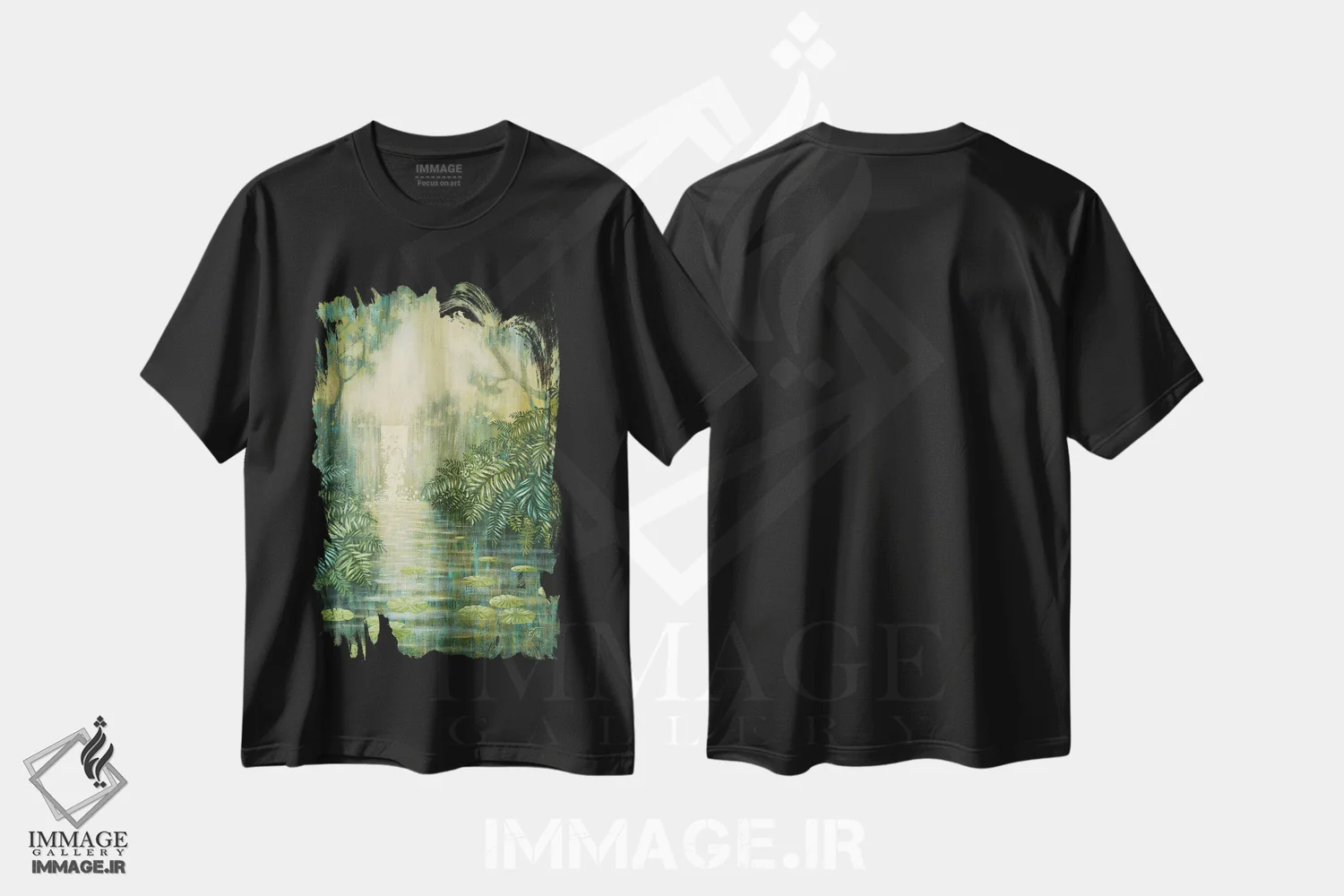 تیشرت مشکی طرح دار آبشار میان سرخس های سبز، دکور معاصر اثر اکاترینا پریسیچ | فروشگاه ایماژ