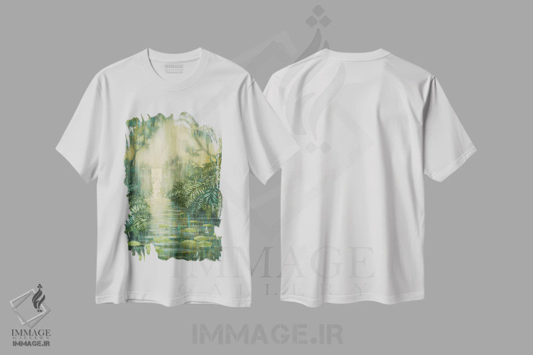 تیشرت سفید طرح دار آبشار میان سرخس های سبز، دکور معاصر اثر اکاترینا پریسیچ | immage.ir