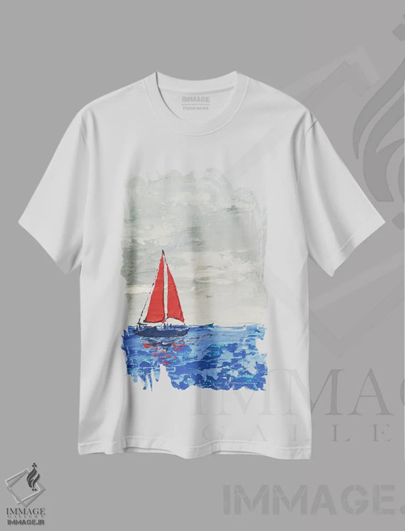 تیشرت سفید طرح دار بادبان های قرمز، دکور ساحلی اثر اکاترینا پریسیچ | فروشگاه ایماژ