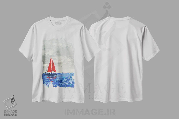 تیشرت سفید طرح دار بادبان های قرمز، دکور ساحلی اثر اکاترینا پریسیچ | فروشگاه ایماژ