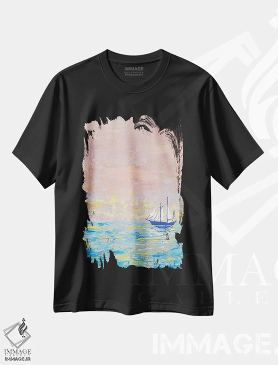 تیشرت مشکی طرح دار منظرهٔ دریایی صورتی-آبی، دکور ساحلی اثر اکاترینا پریسیچ | فروشگاه ایماژ