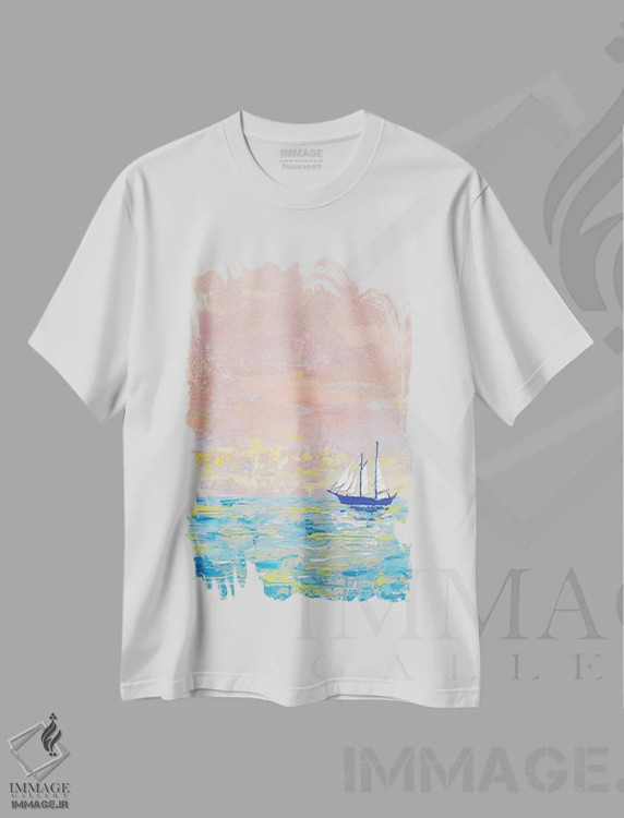 تیشرت سفید طرح دار منظرهٔ دریایی صورتی-آبی، دکور ساحلی اثر اکاترینا پریسیچ | immage.ir