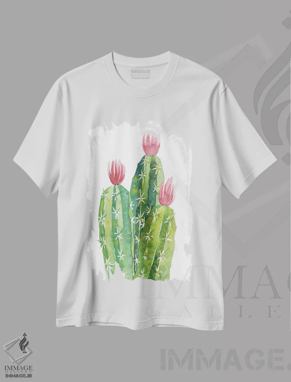 تیشرت سفید طرح دار کاکتوس گل دهنده، دکور معاصر اثر اکاترینا پریسیچ | فروشگاه ایماژ