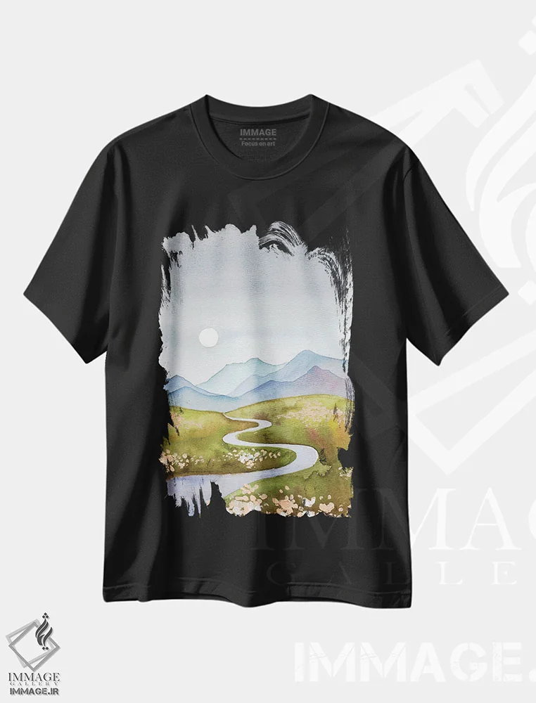 تیشرت مشکی طرح دار تپه های آبی-خاکستری، دکور معاصر اثر اکاترینا پریسیچ | فروشگاه ایماژ