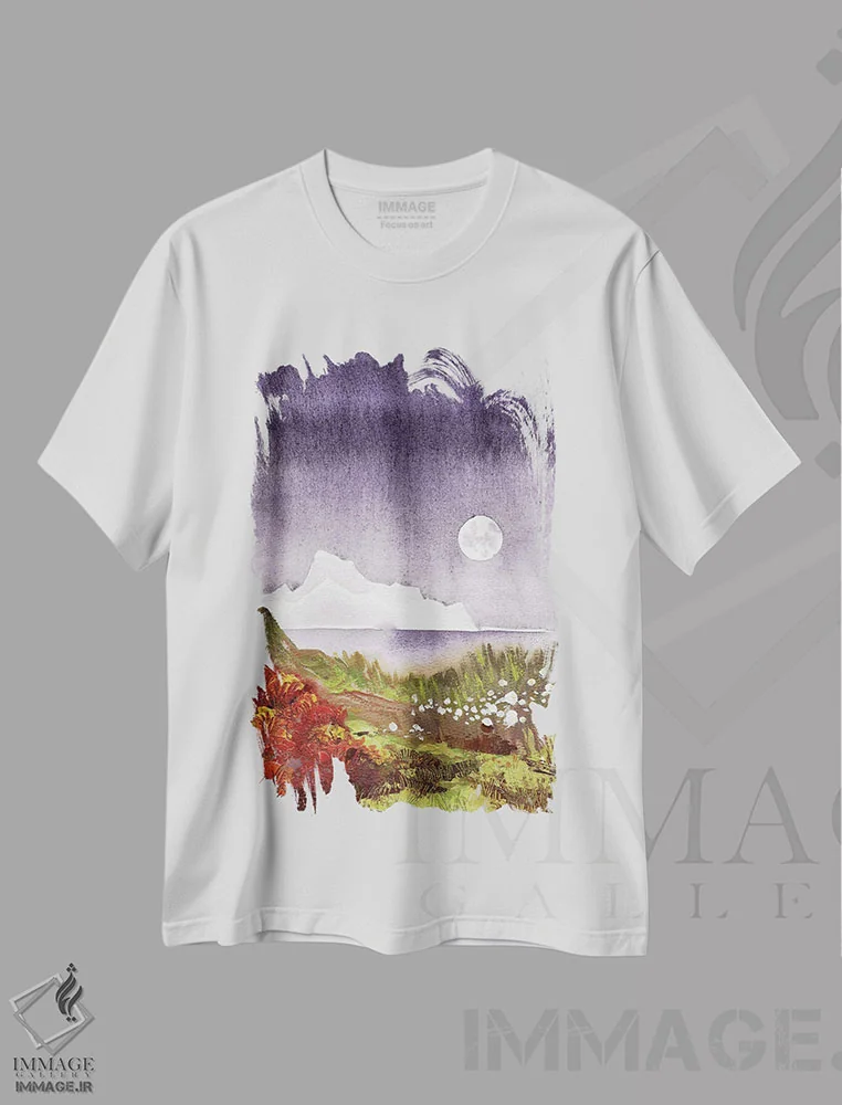 تیشرت سفید طرح دار یخچال ماه در ساحل گرگ ومیش بنفش، دکور معاصر اثر اکاترینا پریسیچ | فروشگاه ایماژ
