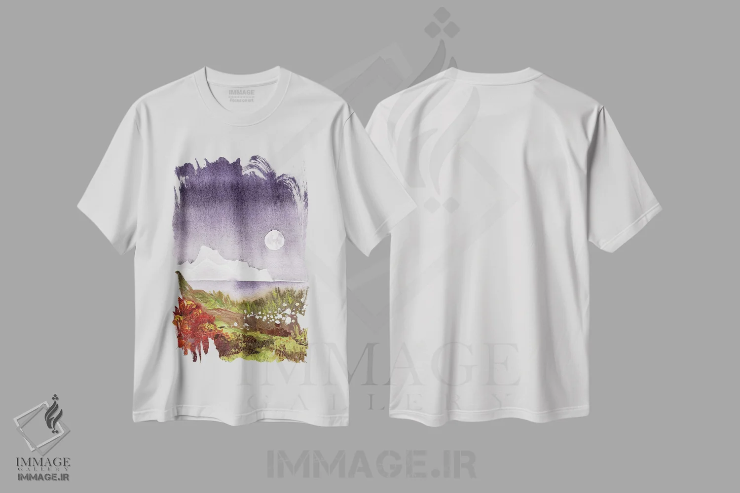 تیشرت سفید طرح دار یخچال ماه در ساحل گرگ ومیش بنفش، دکور معاصر اثر اکاترینا پریسیچ | فروشگاه ایماژ
