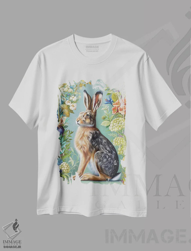 تیشرت سفید طرح دار خرگوش گل دار، هنر فاخر معاصر اثر النا کولوتوشا | فروشگاه ایماژ