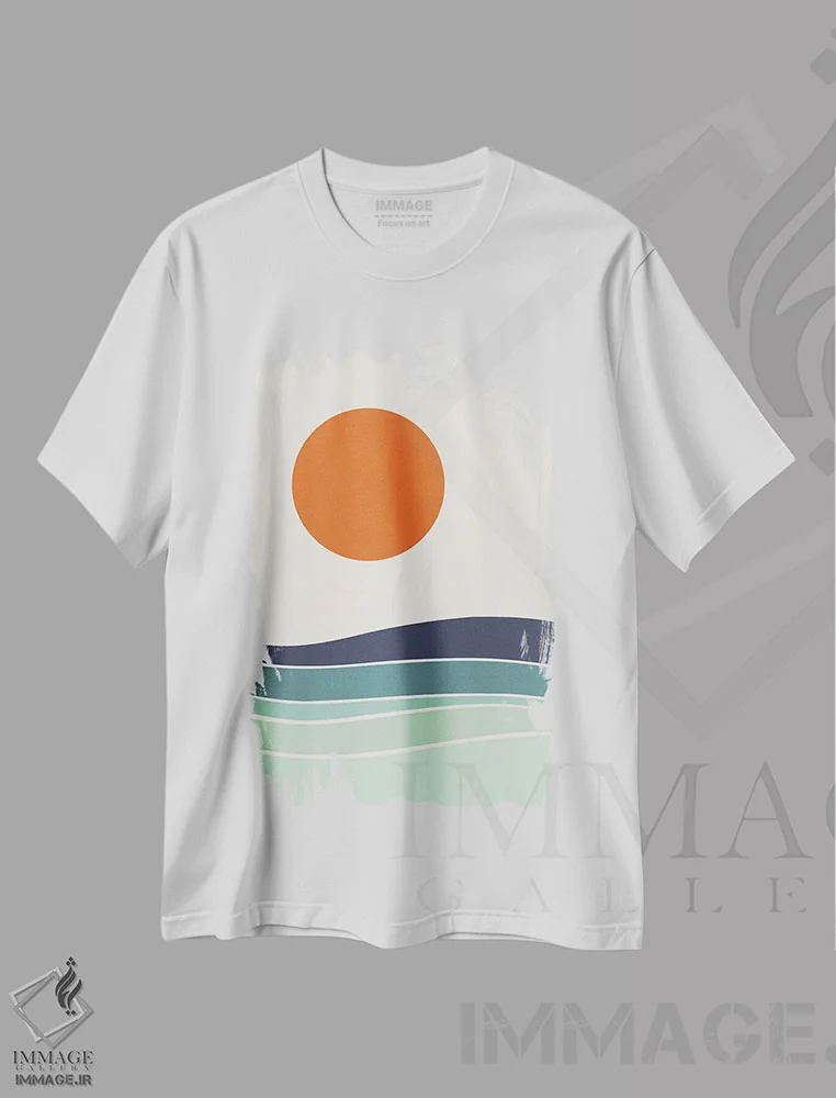 تیشرت سفید طرح دار خورشید نارنجی بر دریای مینیمال، آبستره اثر ام سی دیزاین لب | فروشگاه ایماژ