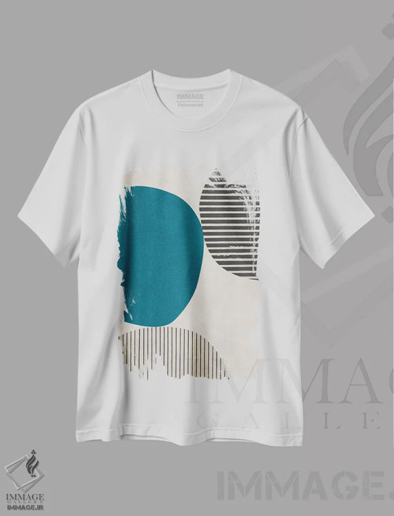 تیشرت سفید طرح دار دایره سبزآبی و خطوط سیاه اثر ام سی دیزاین لب | فروشگاه ایماژ