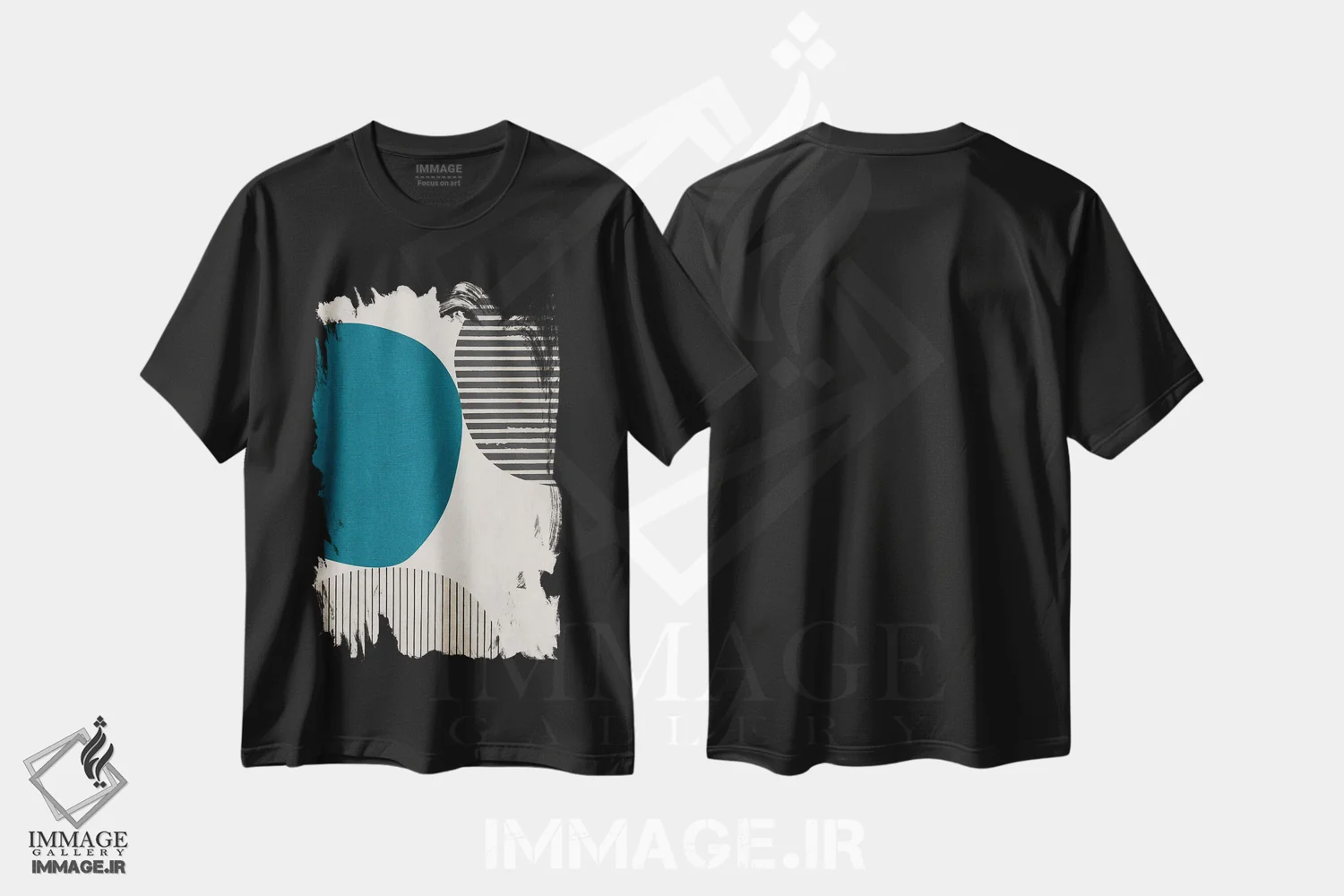 تیشرت مشکی طرح دار دایره سبزآبی و خطوط سیاه اثر ام سی دیزاین لب | immage.ir