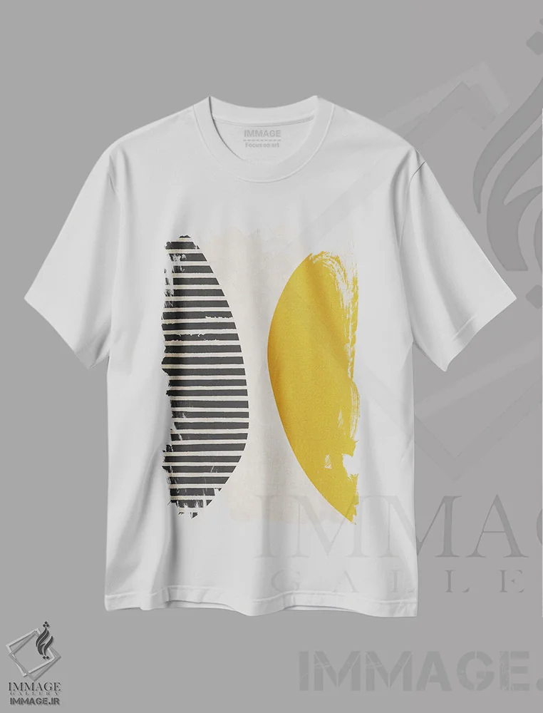 تیشرت سفید طرح دار زرد خردلی و خطوط سیاه اثر ام سی دیزاین لب | فروشگاه ایماژ
