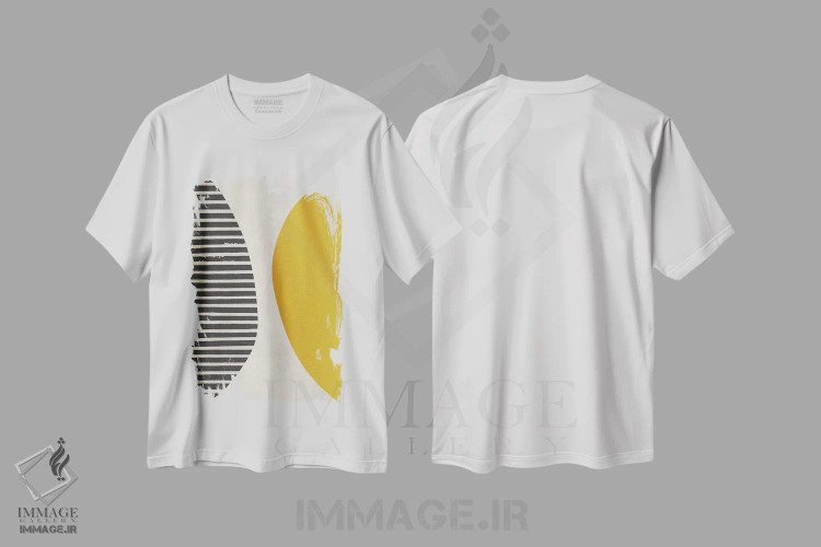 تیشرت سفید طرح دار زرد خردلی و خطوط سیاه اثر ام سی دیزاین لب | فروشگاه ایماژ