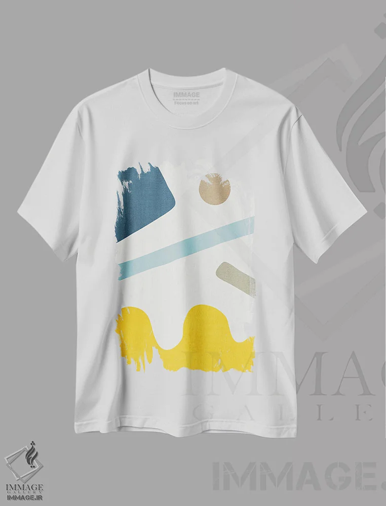 تیشرت سفید طرح دار انتزاعی زرد و آبی III اثر ام سی دیزاین لب | فروشگاه ایماژ