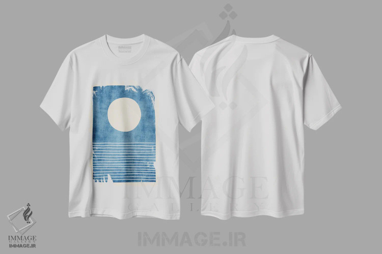 تیشرت سفید طرح دار منظره دریایی ماه کامل آبی و سفید، آبستره اثر ام سی دیزاین لب | immage.ir