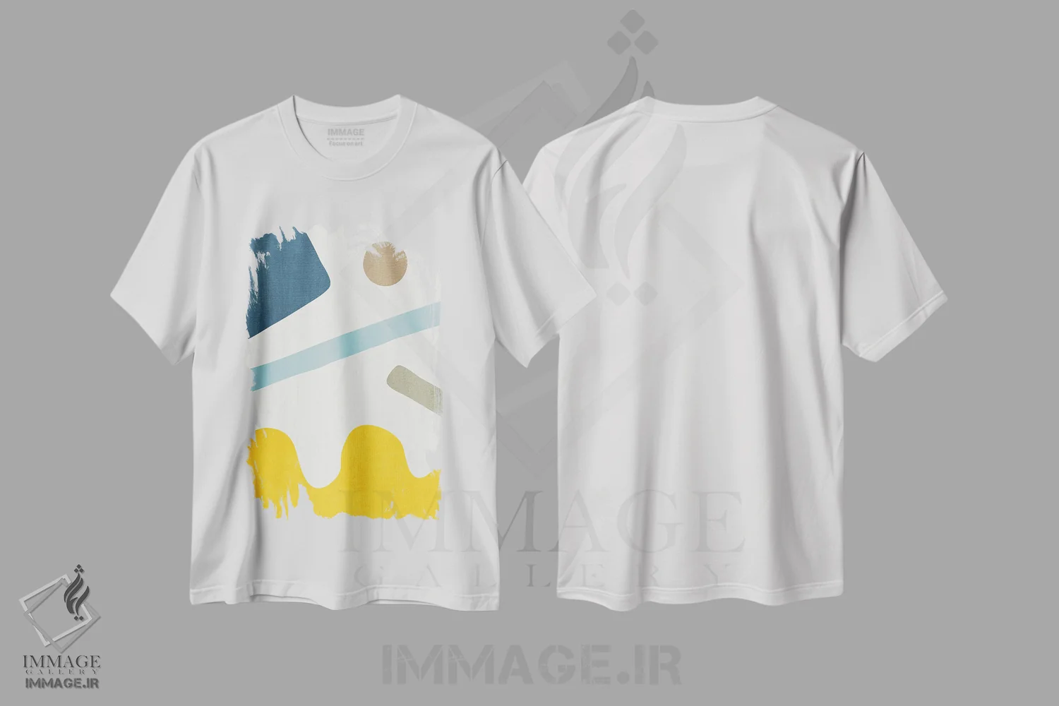 تیشرت سفید طرح دار انتزاعی زرد و آبی III اثر ام سی دیزاین لب | فروشگاه ایماژ