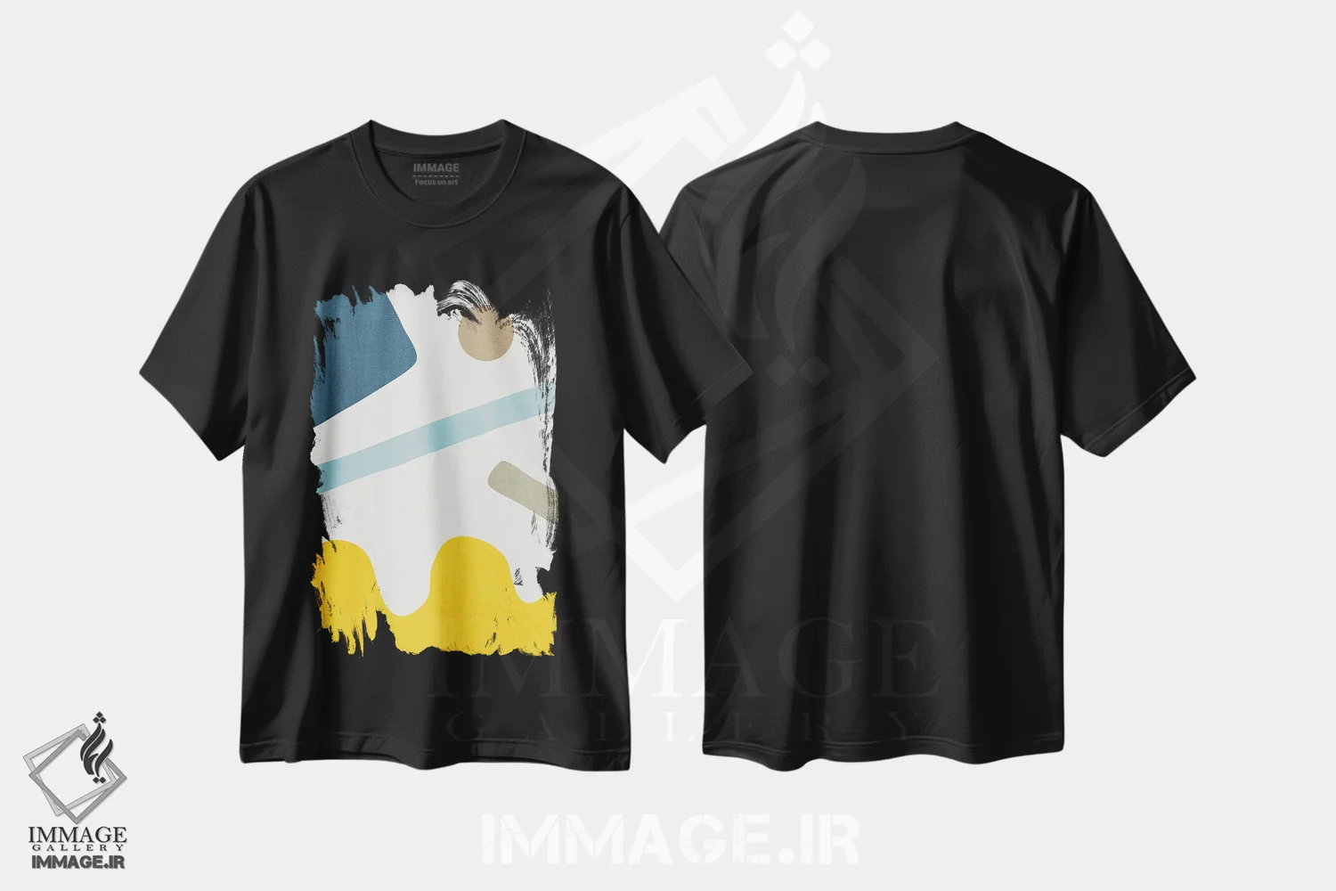 تیشرت مشکی طرح دار انتزاعی زرد و آبی III اثر ام سی دیزاین لب | immage.ir