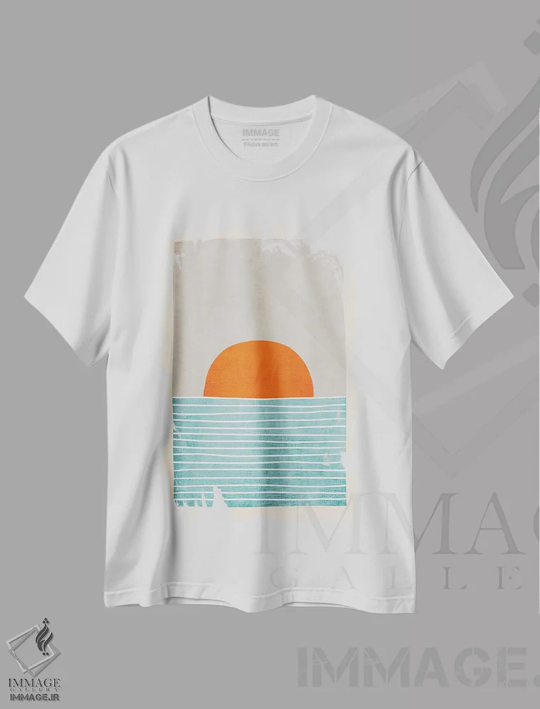 تیشرت سفید طرح دار غروب دریایی خورشید نارنجی، آبستره اثر ام سی دیزاین لب | immage.ir
