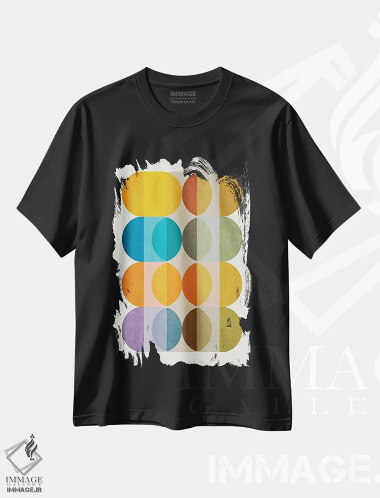 تیشرت مشکی طرح دار دایره های مدرن رنگارنگ اثر ام سی دیزاین لب | فروشگاه ایماژ