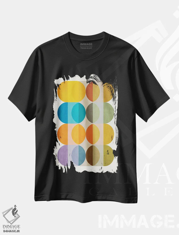 تیشرت مشکی طرح دار دایره های مدرن رنگارنگ اثر ام سی دیزاین لب | فروشگاه ایماژ