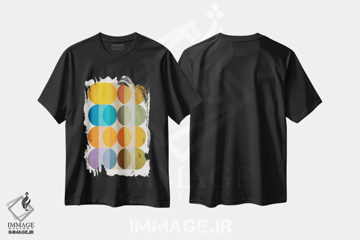 تیشرت مشکی طرح دار دایره های مدرن رنگارنگ اثر ام سی دیزاین لب | فروشگاه ایماژ
