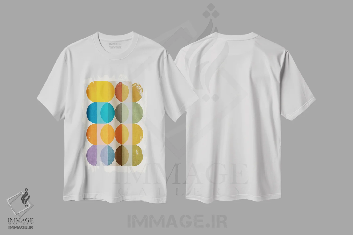 تیشرت سفید طرح دار دایره های مدرن رنگارنگ اثر ام سی دیزاین لب | immage.ir