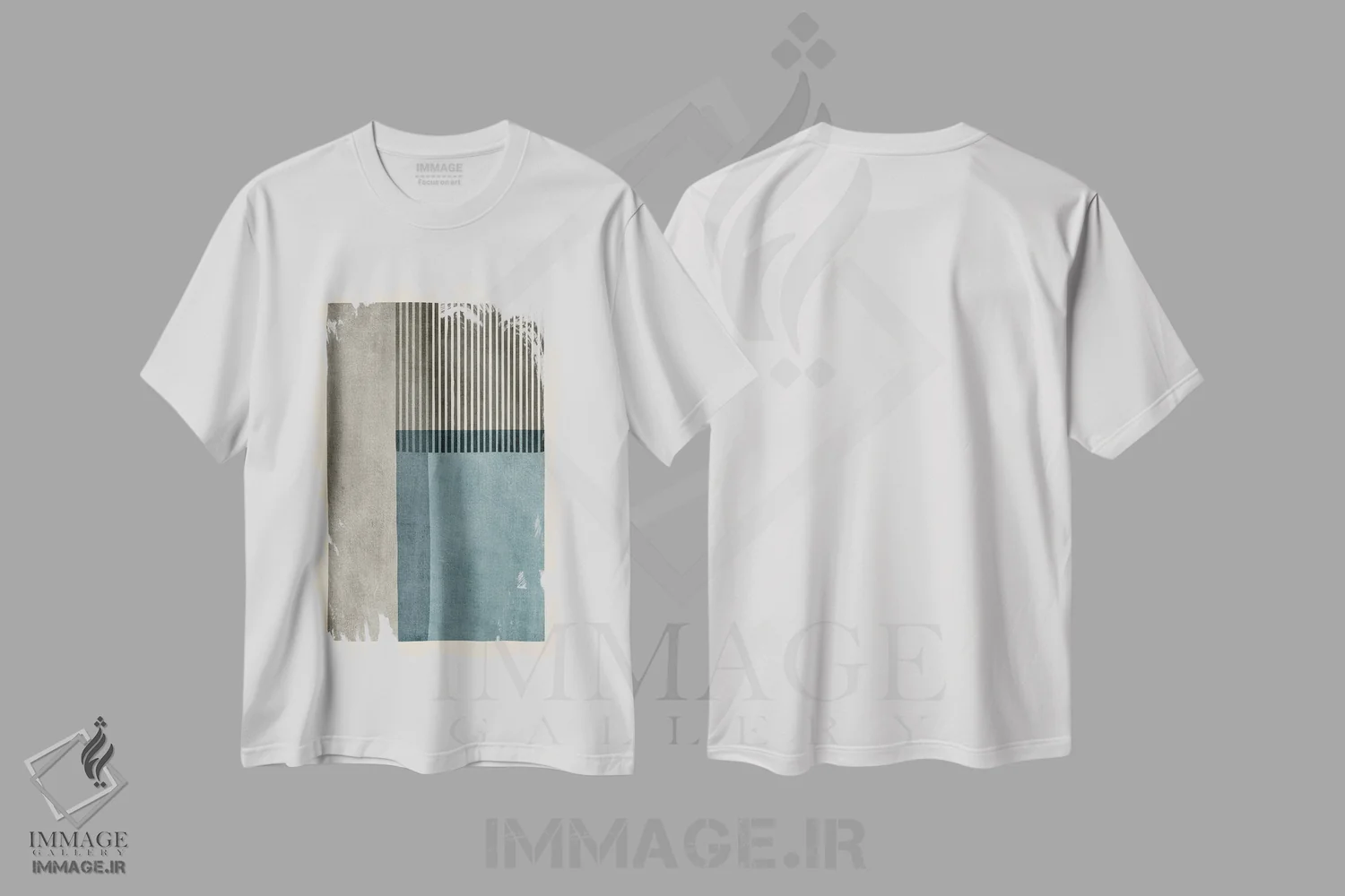 تیشرت سفید طرح دار آبی خاکستری و خطوط سیاه اثر ام سی دیزاین لب | immage.ir