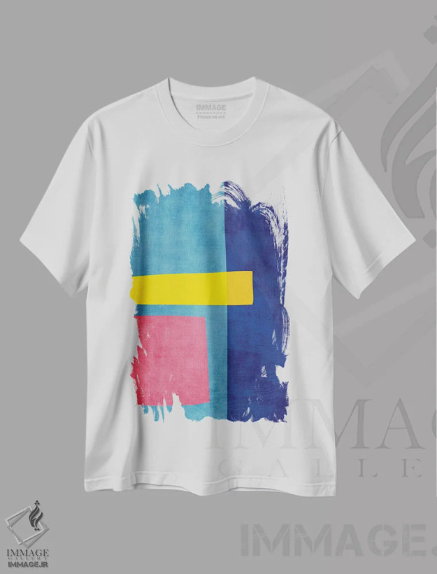 تیشرت سفید طرح دار مینیمالیسم انتزاعی صورتی سرمه ای زرد اثر ام سی دیزاین لب | فروشگاه ایماژ