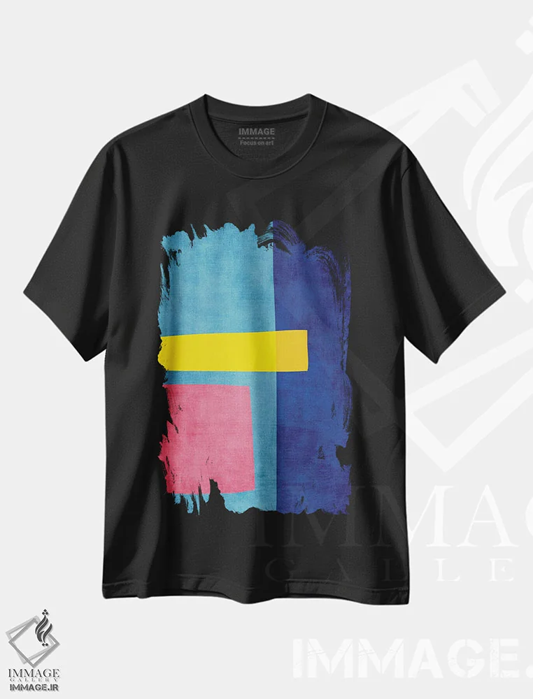 تیشرت مشکی طرح دار مینیمالیسم انتزاعی صورتی سرمه ای زرد اثر ام سی دیزاین لب | immage.ir