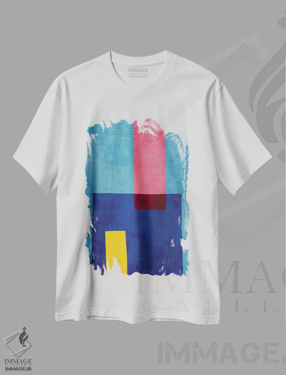 تیشرت سفید طرح دار مینیمالیسم انتزاعی آبی صورتی زرد اثر ام سی دیزاین لب | immage.ir