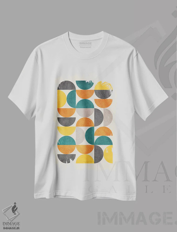تیشرت سفید طرح دار نیم دایره های مدرن رنگارنگ II اثر ام سی دیزاین لب | فروشگاه ایماژ