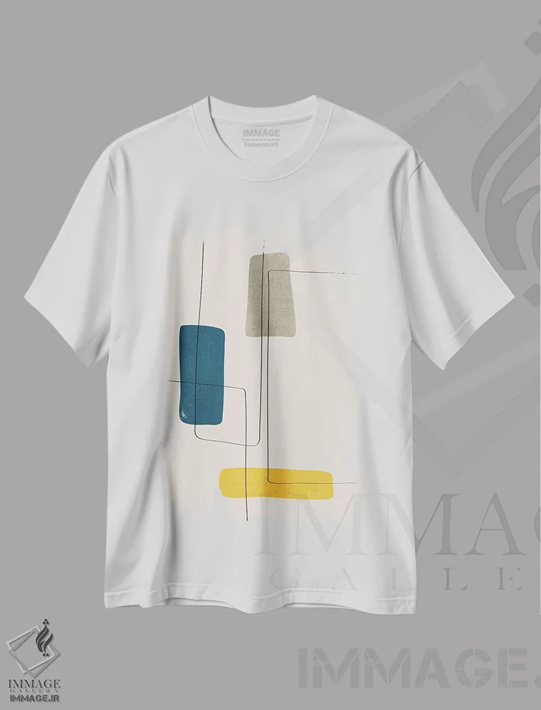 تیشرت سفید طرح دار انتزاعی زرد سرمه ای و گریژ اثر ام سی دیزاین لب | فروشگاه ایماژ