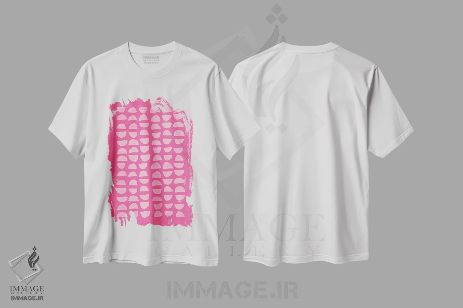 تیشرت سفید طرح دار نیم دایره های کوچک صورتی جیغ اثر ام سی دیزاین لب | فروشگاه ایماژ