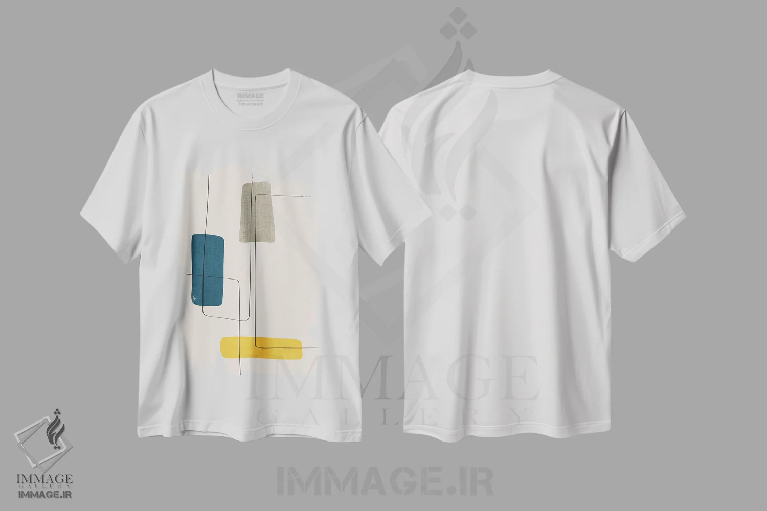 تیشرت سفید طرح دار انتزاعی زرد سرمه ای و گریژ اثر ام سی دیزاین لب | فروشگاه ایماژ