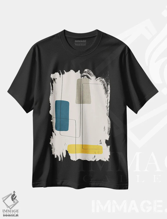 تیشرت مشکی طرح دار انتزاعی زرد سرمه ای و گریژ اثر ام سی دیزاین لب | immage.ir