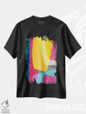 تیشرت مشکی طرح دار انتزاعی صورتی جیغ و زرد رنگارنگ اثر ام سی دیزاین لب | فروشگاه ایماژ