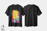 تیشرت مشکی طرح دار انتزاعی صورتی جیغ و زرد رنگارنگ اثر ام سی دیزاین لب | فروشگاه ایماژ
