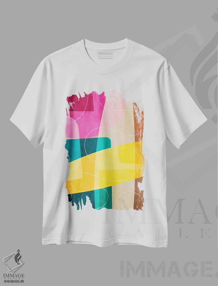 تیشرت سفید طرح دار انتزاعی سبزآبی صورتی زرد رنگارنگ اثر ام سی دیزاین لب | immage.ir